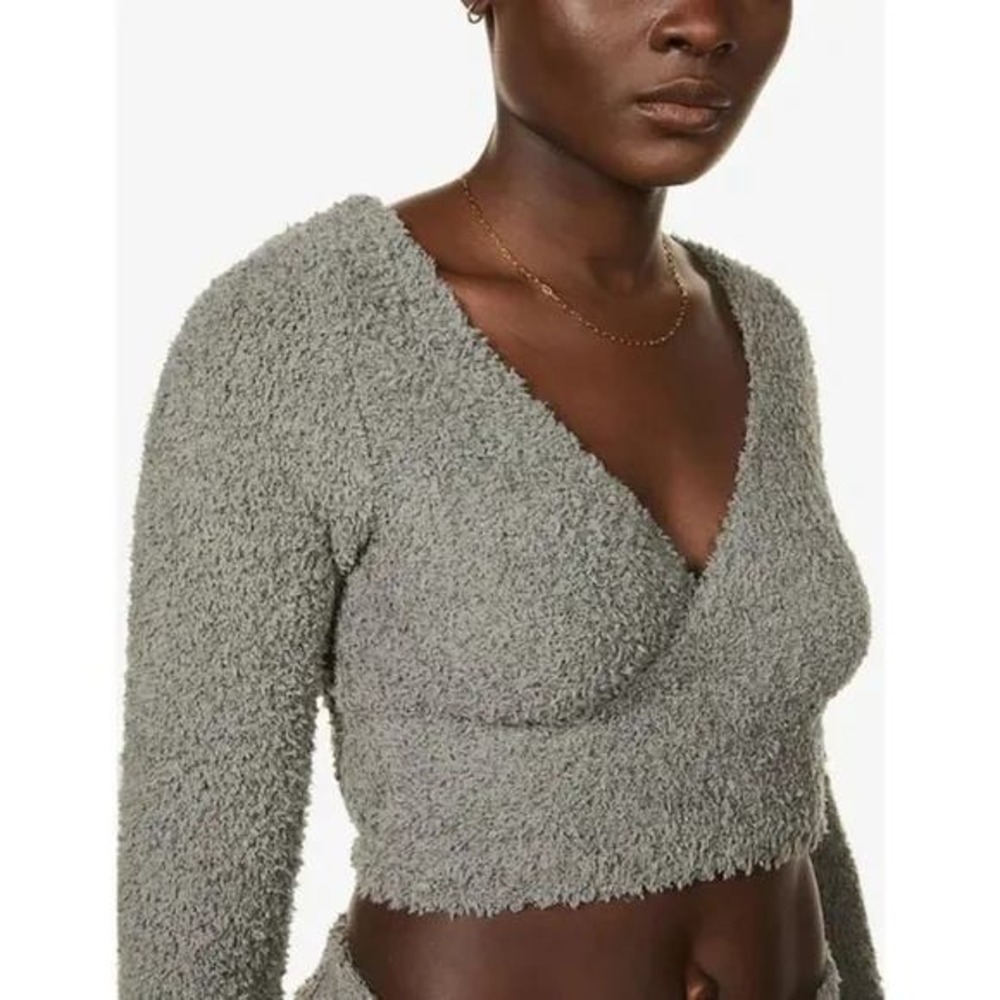 SKIMS Womens Cozy Knit Wrap Top‎ XXS/XS Smoke Gray Cropped Sweater Cozycore Soft